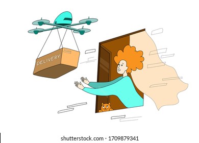 Contactless home delivery. A happy red-haired girl holds out her hands to a quadrocopter from her house. Contactless package delivery with turquoise drone concept. Stock vector illustration.