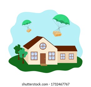 Contactless home delivery with parachute color vector illustration. Flat design on white background. Contact free delivery. Hands free delivery.