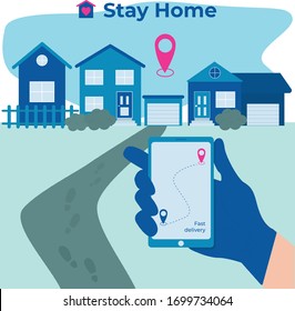 Contactless home delivery. Security, gloves, stay at home with courier and location