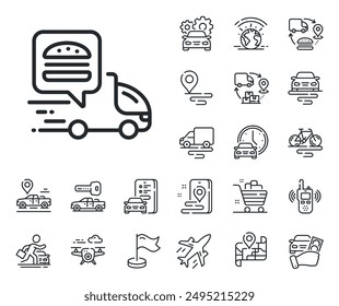 Contactless meal order sign. Plane, supply chain and place location outline icons. Food delivery truck line icon. Grocery delivery symbol. Food delivery line sign. Vector