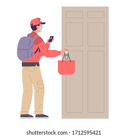 contactless men delivery service package food using mask during outbreak virus corona 