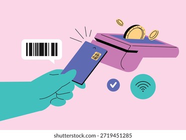 Contactless Mobile Payment and Digital Transaction. Payment made by tagging a credit card on the terminal. Customers. Shopping. Consumption.