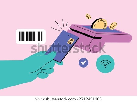 Contactless Mobile Payment and Digital Transaction. Payment made by tagging a credit card on the terminal. Customers. Shopping. Consumption.
