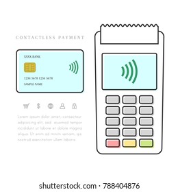 Contactless and mobile payment with POS terminal and credit or debit card. Line art isolated on white background.