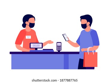 Contactless mobile payment for purchases via nfc. People shopping. Social distancing and protective masks in shop. Checkout, supermarket store counter cashier and shopper. Vector illustration