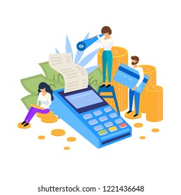 Contactless mobile payments concept. Pos terminal confirms payment. Online banking for web page, social media, documents, posters vector illustration