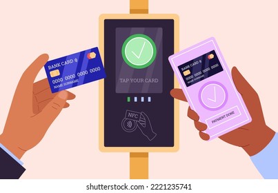 Contactless NFC payment in bus, metro or shop - flat vector illustration. Hands holding credit card and smartphone in front of payment terminal. Cashless transaction with modern POS terminal.