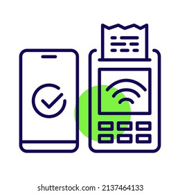Contactless NFC payment with smartphone approved and receipt coming out of the terminal. Pixel perfect, editable stroke icon