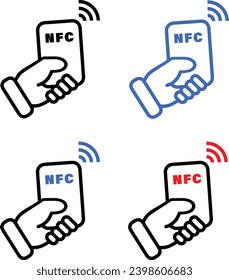 Contactless NFC payment technology. Customer hand holding smartphone, phone, card, watch. Thin line icons, simple design, flat vector illustrations. Isolated on white, transparent background