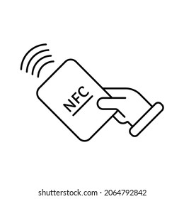 Pago inalámbrico sin contacto NFC con el logotipo de la tarjeta de retención en el signo de mano. Concepto de vector de pago nfc de tarjeta de crédito