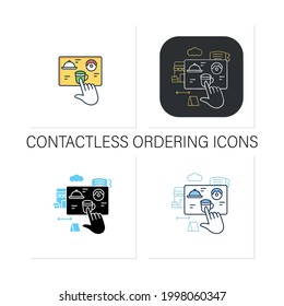 Iconos de pedidos sin contacto establecidos.Pedidos a distancia.Pedido en línea.Regulación a través de covid19. Restaurantes nueva normal.Colección de iconos en estilos lineales, rellenos y de color.Iconos vectoriales aislados