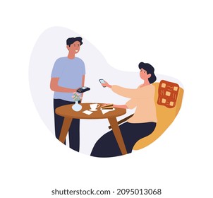 Contactless pay concept. Girl in cafe pays with card. Waiter offers client terminal. Modern technologies and cashless transfers. Restaurant or cafe, people in store. Cartoon flat vector illustration