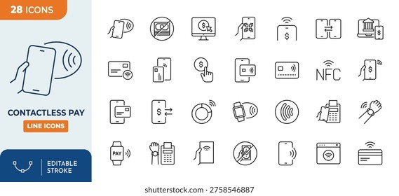 Contactless pay icon set. Outline icons collection. editable stroke. Vector illustration

