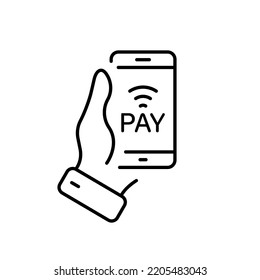 kontaktlose Pay-Technologie im Symbol für die Mobiltelefonlinie. Digital Banking Service in Handy Piktogramm. Handheld Smartphone Access Payment Outline Symbol. Bearbeitbarer Stroke. Einzelne Vektorgrafik.