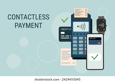 Contactless payment background. Set of objects for wireless payment. Payment terminal, phone, credit cards, smart watch, receipt. Technology concept.	