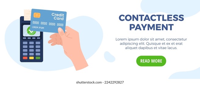 Contactless payment banner template for web and social network, flat vector illustration on white background. Online wireless money transfer and NFC payment.