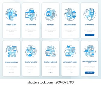 Pantalla de la aplicación móvil de pago sin contacto azul en el embarque. Recorrido sin contacto 5 pasos páginas de instrucciones gráficas con conceptos lineales. UI, UX, plantilla GUI. Multitud de tipos de letra Pro-Bold, con uso regular