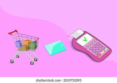 Contactless payment by credit card NFC technology communication concept, shopping cart. vector