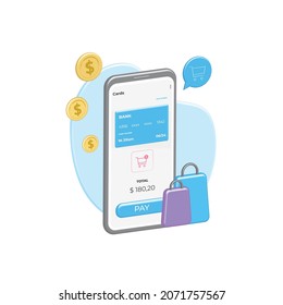 Contactless payment by debit, credit card, gold 3d coins of purchases in paper bags. Bank data, information with transfer, successful transaction on Internet. Button pay cart in smartphone.