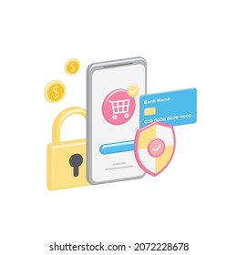 Contactless payment by debit, credit card, gold coins, cash purchases in basket in online store. Data protection with 3D shield, padlock. Successful, banking transaction with checkmark in smartphone.