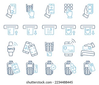 Contactless Payment by Mobile Phone, Credit Card on POS. ATM Money Withdraw Icon. Cashless Wireless Pay Transaction by NFC Technology Line Icon Set. Editable Stroke. Isolated Vector Illustration.