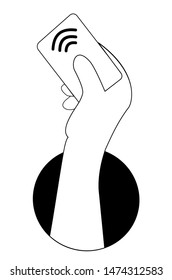 Contactless payment by pay pass. A hand from a black hole holds a card with waves of non-cash payment of NSFs on the Internet and in stores. Vector illustration.