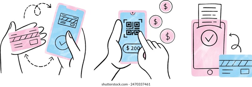 Contactless payment by phone, bank card, watch, and devices with NFS. Terminal, wallet, banknotes, coins, phone screen, online money transfers, banking. Watercolor Vector illustration