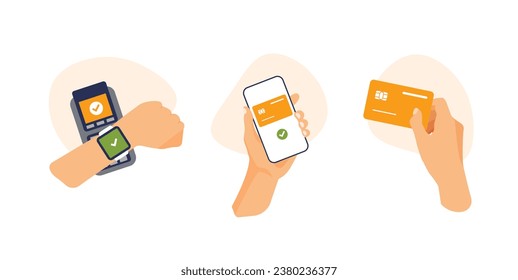 Contactless payment by phone or smart watch. Mobile online banking app and electronic wallet. Hand holds credit card near the pos terminal to pay. Financial vector illustration set in a trendy style.