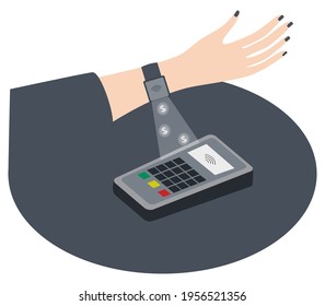 Contactless payment by smart watch. Human using terminal for paying. Isolated vector illustration on white background