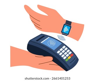 Contactless payment by smartwatch at POS Terminal NFC technology concept vector illustration