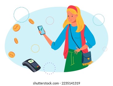 Pago sin contacto por terminal, ilustración vectorial, dispositivo de dinero financiero, personaje de mujer plana usa smartphone para tecnología de banco digital.