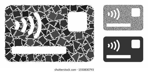 Contactless payment card composition of raggy pieces in different sizes and color hues, based on contactless payment card icon. Vector irregular pieces are combined into composition.