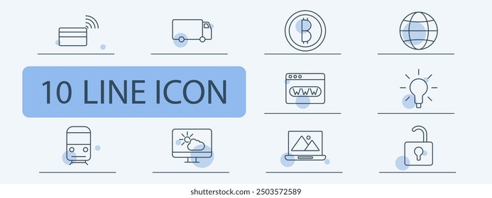 Tarjeta de pago sin contacto, camión de entrega, moneda de criptomoneda, Internet global, ventana del navegador, bombilla de idea, ícono de tren, Clima en el monitor, computadora portátil con Fotos, candado desbloqueado.