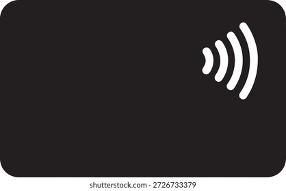 Das kontaktlose Zahlungskartensymbol weist eine rechteckige Kartenform mit drahtlosen Signalwellen auf, die moderne Transaktionstechnologie darstellen. Diese solide schwarze Illustration betont schnelle, sichere und bequeme Zahlungsmethoden auf sauberem, weißem Hintergrund.