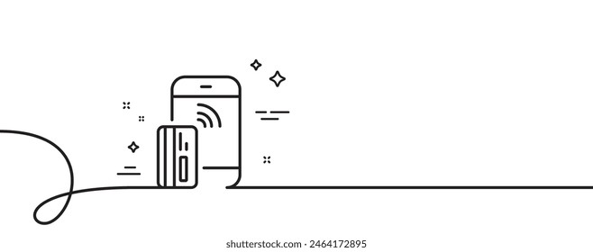 Icono de línea de tarjeta de pago sin contacto. Una línea continua con rizo. Signo de dinero del teléfono. Símbolo de dispositivo móvil. Cinta de esquema único de pago sin contacto. Patrón de curva de bucle. Vector