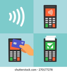  Contactless payment with card, manual, communication technology. Flat design, vector.