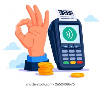 Contactless payment with card reader and okay gesture, indicating secure and efficient transaction for modern finance and business.