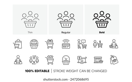 Contactless payment card, shopping cart and group of people. Buyer customer line icons set. Store, buyer loyalty card, client ranking set icons. Shopping timer, online payment, currency. Vector