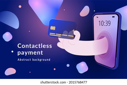 Contactless payment with card. Vector illustration for online marketing and business. Debit or credit card with nfc function. Template for website, mailing or poster.