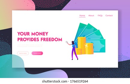 Contactless Payment, Cashless Noncontact Paying Landing Page Template. . Tiny Female Character with Smartphone in Hand Stand at Huge Stacks of Golden Coins and Bills. Cartoon Vector Illustration