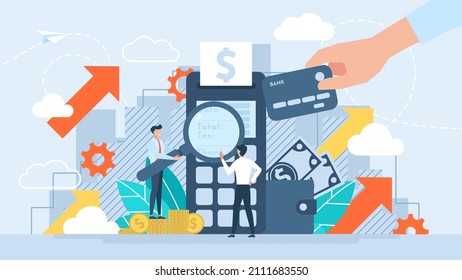 Contactless payment, complete transaction, payment terminal. The metaphor of credit card payment. Terminal with receipt. Tiny characters making purchases using a credit cards. Vector flat illustration