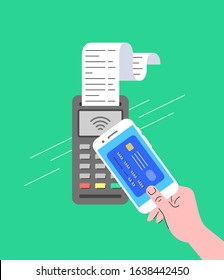 Contactless payment concept. Buyer pays for purchase at checkout using smartphone. Flat linear illustration of POS terminal with NFC technology. Store payment machine with long paper check