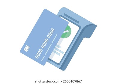 Contactless payment concept with payment card. POS terminal for contactless payment. Banking via mobile phone blank screen via terminal. Payment machine. Flat design illustration.