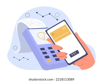 Contactless payment concept. Character bring smartphone to terminal. Modern technologies and digital world. Electronic wallet and online transactions and transfers. Cartoon flat vector illustration