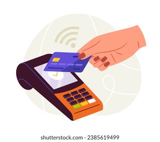 Contactless payment concept. Credit card with atm terminal. Digital transfers and transactions. Client in shop or store. Cartoon flat vector illustration isolated on white background