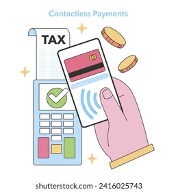 Contactless Payment concept. Depicts a seamless transaction with a tap, portraying tax payments without physical contact. Secure and swift. Flat vector illustration