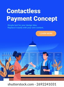 Contactless payment concept digital transaction cashier customer smartphone POS terminal modern store counter plants blue background website banner