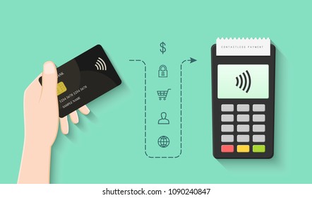 Contactless payment concept with hand holding card and POS terminal in flat design