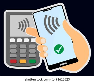 contactless payment concept with hand holding smartphone against wireless payment terminal vector illustration