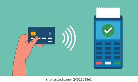Contactless Payment Concept, Human Hand holding Credit Card close to POS Terminal with NFC Technology for Money Transfer, Flat Vector Illustration